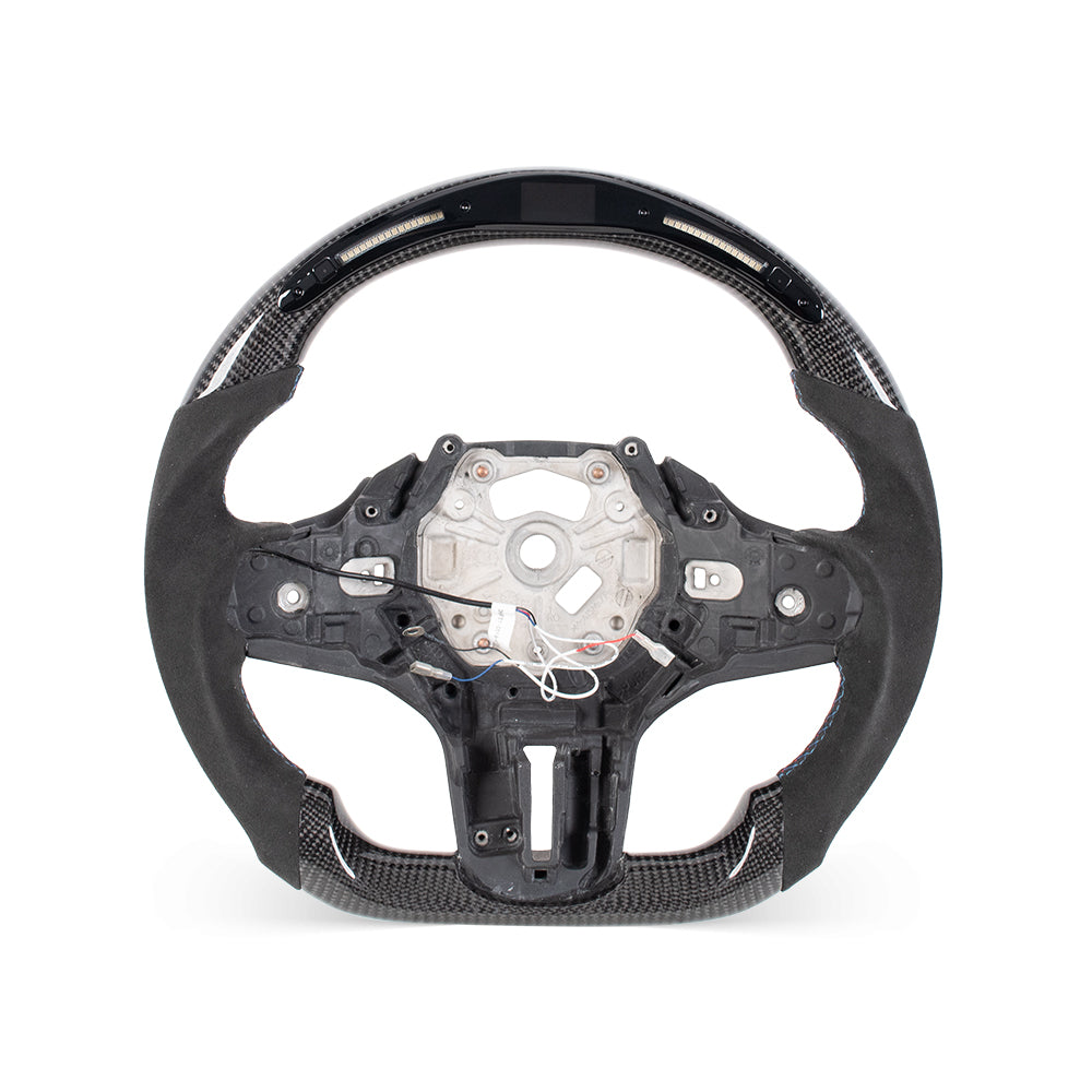 BMW G SERIES FLAT BOTTOM GLOSS CARBON FIBER STEERING WHEEL & ALCANTARA GRIP WITH LED RACE DISPLAY