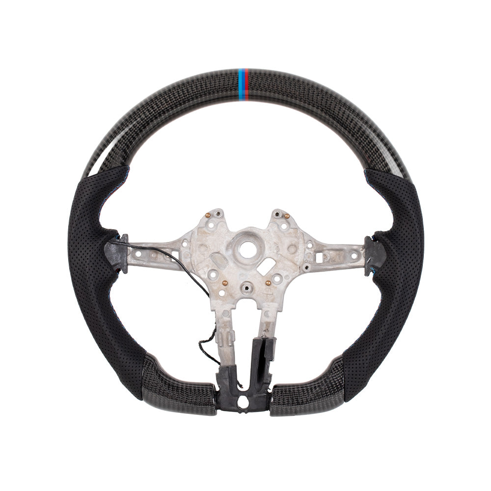BMW F SERIES FLAT BOTTOM GLOSS CARBON FIBER & NAPPA PERFORATED LEATHER STEERING WHEEL