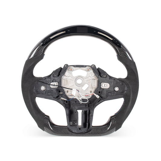 BMW G SERIES FLAT BOTTOM GLOSS CARBON FIBER STEERING WHEEL & ALCANTARA GRIP WITH LED RACE DISPLAY