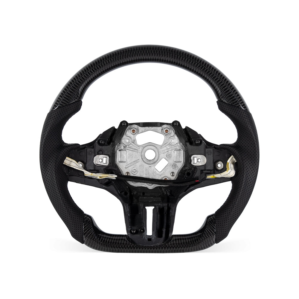 BMW G SERIES FLAT BOTTOM GLOSS CARBON FIBER STEERING WHEEL & NAPPA PERFORATED LEATHER GRIP