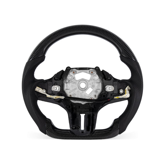 BMW G SERIES FLAT BOTTOM GLOSS CARBON FIBER STEERING WHEEL & NAPPA PERFORATED LEATHER GRIP