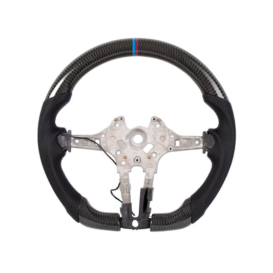BMW F SERIES FLAT BOTTOM GLOSS CARBON FIBER & NAPPA PERFORATED LEATHER STEERING WHEEL